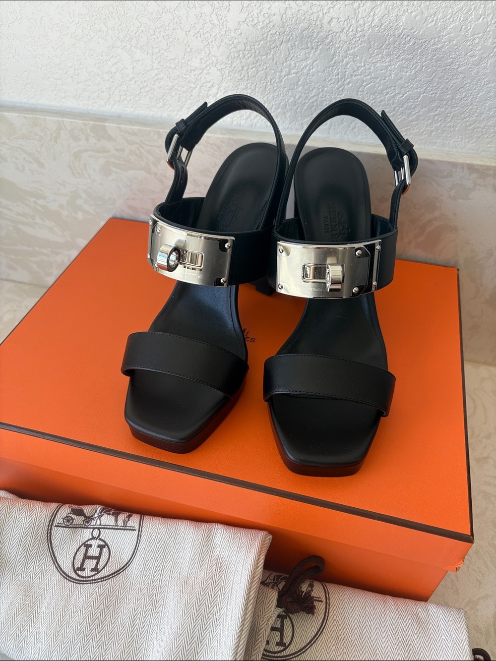 Black Leather High Block Heel Sandals with Silver Buckle - Picture 1 of 6